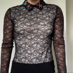 Alice and Olivia black lace beaded collar bodysuit